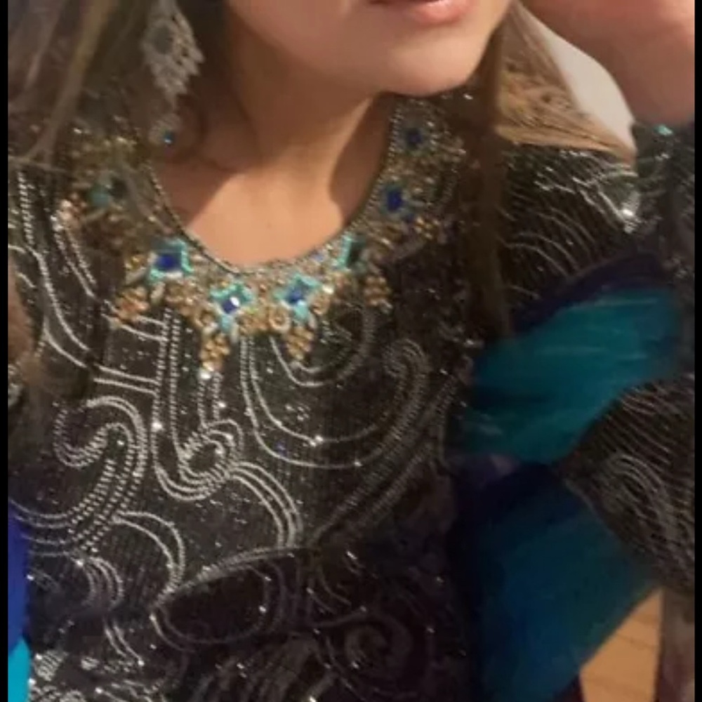 Black and multi shades Blue Embellished Dress with Two shades scarf(duppta)